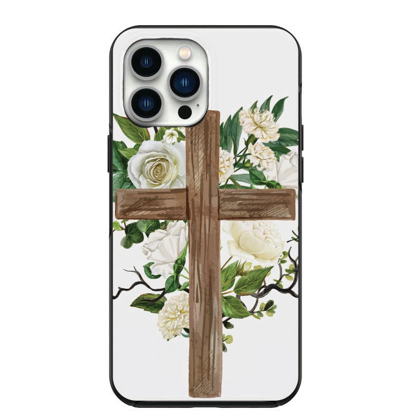 Beautiful Wood Cross White Flowers Design Phone Case for iPhone 7 8 X XS XR SE 11 12 13 14 Pro Max Mini Note 10 20 s10 s10s s20 s21 20 Plus Ultra