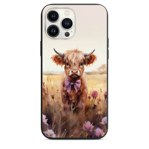 Cute Pink Bow Highland Cow in flower field Design Phone Case for iPhone 7 8 X XS XR SE 11 12 13 14 15 Pro Max Mini
