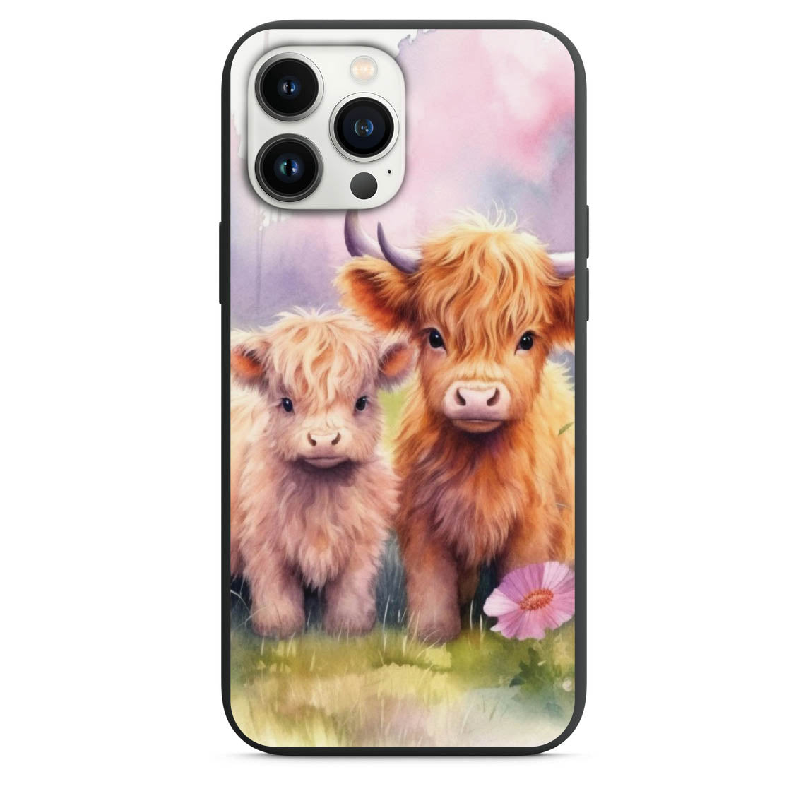 Cutest Little Baby Highland Cows on grass with Purple Flower Water