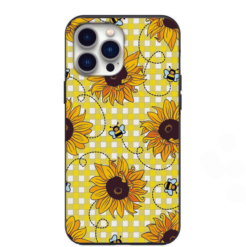 Cute Country Sunflower bee checker pattern Design Phone Case for iPhone 7 8 X XS XR SE 11 12 13 14 Pro Max Mini Note 10 20 s10 s10s s20 s21 20 Plus Ultra